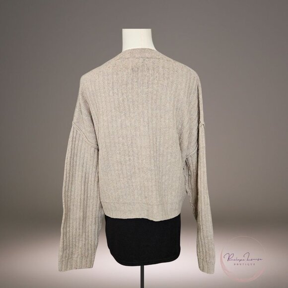 Elle Ribbed Button Front Cardigan Sweater Women’s M Beige Oatmeal Drop Shoulder - Picture 2 of 7
